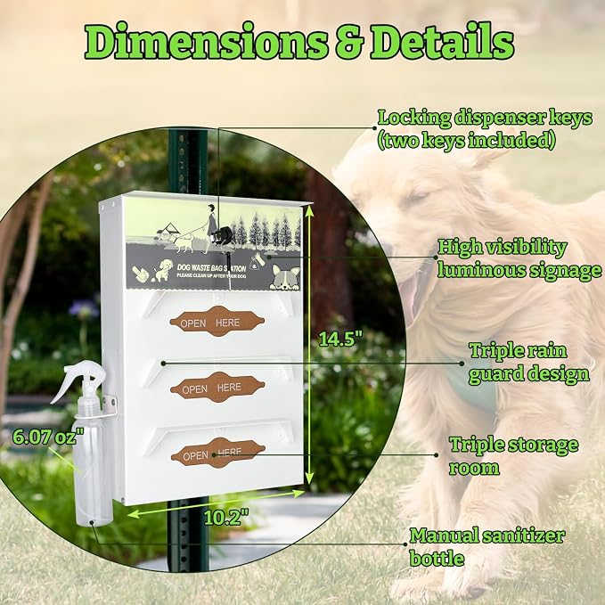 Metal Dog Poop Bag Dispenser Wall Mount - 600 Roll Bags Included | Pet Waste Station -Pet Waste Bag Dispenser with Pick Up After Your Dog Sign (Glow in the Dark)