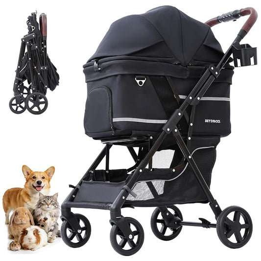 No-Zip Pet Stroller for Small Dogs & Cats, 44 lb, Black | No-Zip Canopy, 44 lb Capacity, Reflective Trim, 2 Tethers, Lockable Front Wheels, Rear Brake and One-Hand Fold