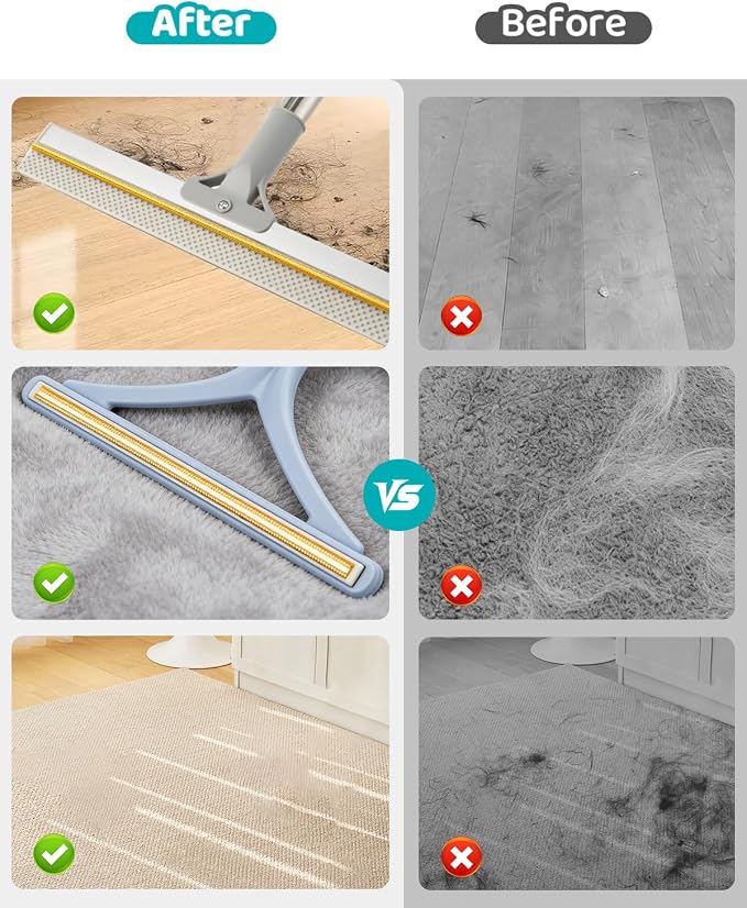 Carpet Rake for Pet & Human Hair Removal, Reusable Pet Hair Remover Tool with 54 Inch Adjustable Long Handle, 3 Piece Carpet Scraper Set, Easy Assembly for Rugs, Carpets, Couch and Furniture