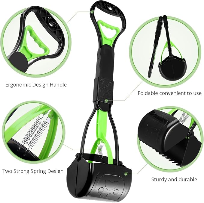 Non-Breakable Pet Pooper Scooper for Dogs and Cats with Long Handle High Strength Material and Durable Spring for Easy Grass and Gravel Pick Up (Green)