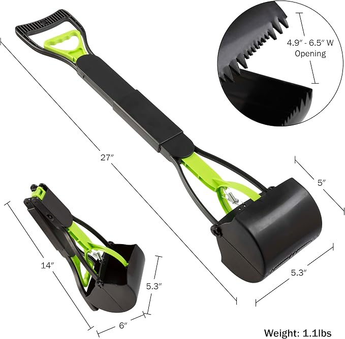 Pooper Scooper - Foldable Cat and Dog Poop Scoop with Ergonomic Handle - Enables One-Handed Use on Concrete, Grass, and Gravel by PETMAKER (Green)