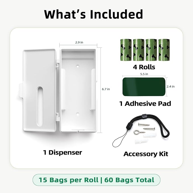 URSPET Dog Poop Bag Dispenser with 4 Rolls, Wall Mount Pet Waste Holder | Stick-On or Screw-On, Viewing Window, Easy Bag Pull, Flip-Top Refill, 60 Bags Included, Indoor and Outdoor Use