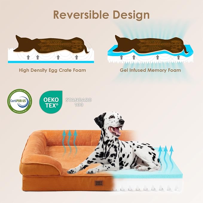 EHEYCIGA Orthopedic Extra Large Dog Bed, Waterproof Washable XL Pet Bed 44" | Non-Slip Bottom and Egg-Crate Memory Foam Big Dog Couch Bed with Washable Removable Cover, Pumpkin Orange, 44Inch