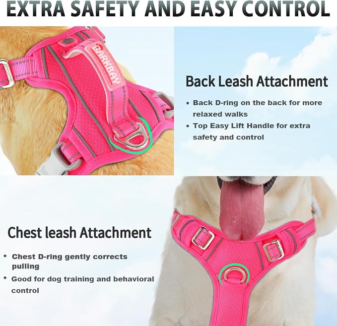 BARKBAY No Pull Dog Harness 3 Buckles Large Reflective Dog Harness with Front Clip and Easy Control Handle for Walking Training Running with ID tag Pocket(Pink,M)