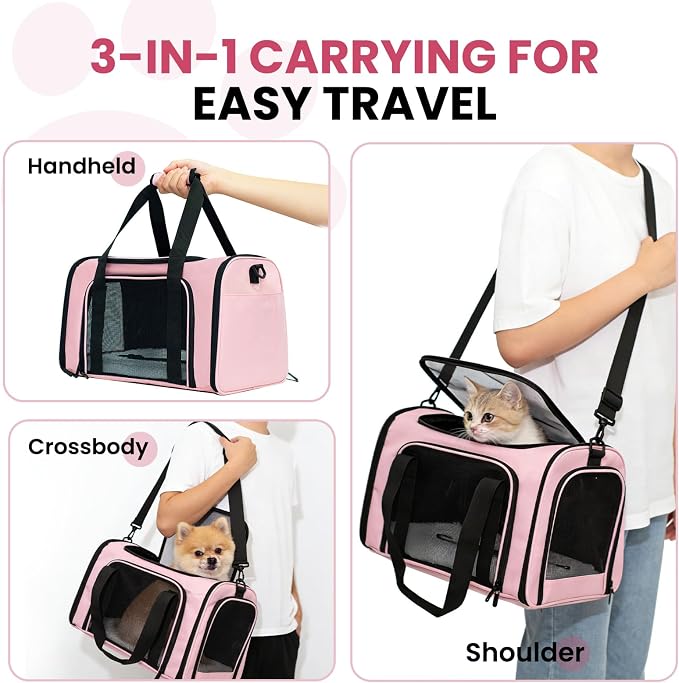 Soft-Sided Cat Carrier Expandable Pet Carrier Airline Approved Mesh Travel Carrier Up to 15lbs for Cats Small Dogs Collapsible Escape-Proof with Shoulder Strap Washable (18x11x11 Pink)