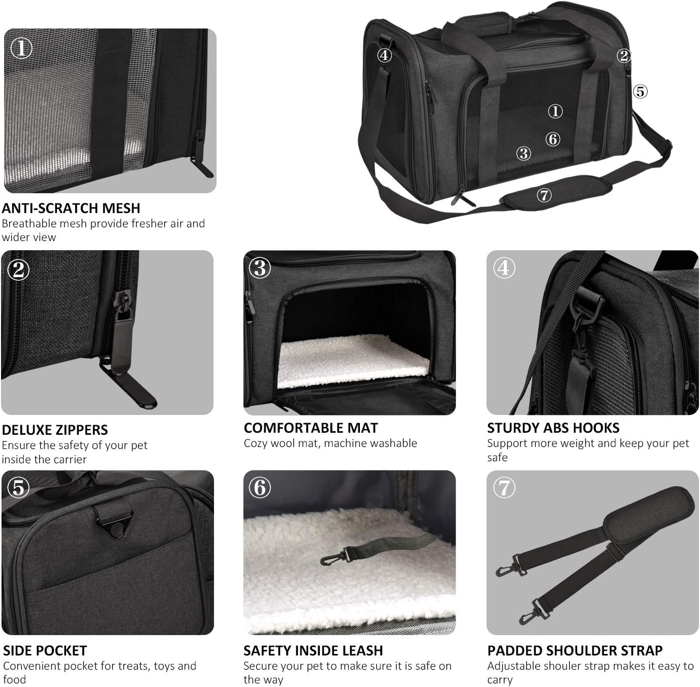 Large Soft Sided Cat and Pet Carrier for Cats and Puppies up to 25Lbs - Collapsible, Waterproof Travel Carrier - Black