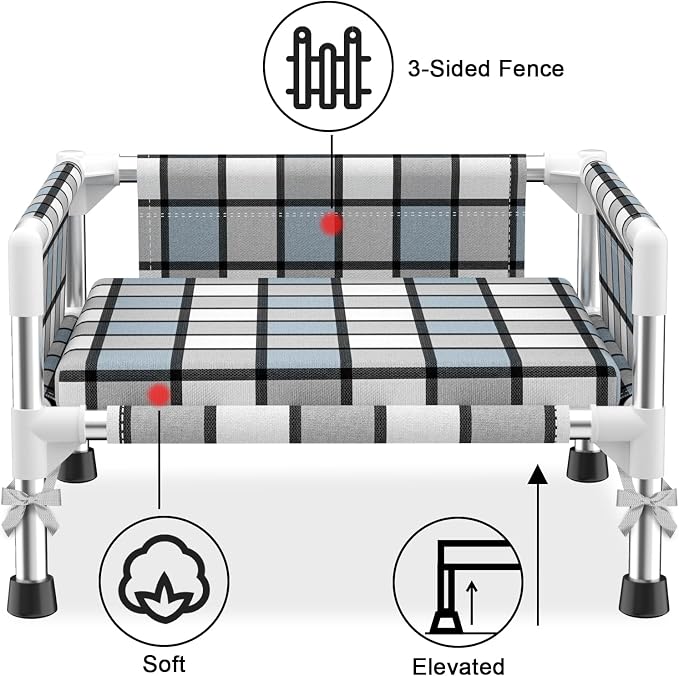 Elevated Dog Bed with with Guardrail & Cushion, Raised 3-Fence Dog Bed | Breathable Lifted Stainless Steel Frame Dog Hammock Bed with Mat for Small Pets, Cooling Washable Dog Cot