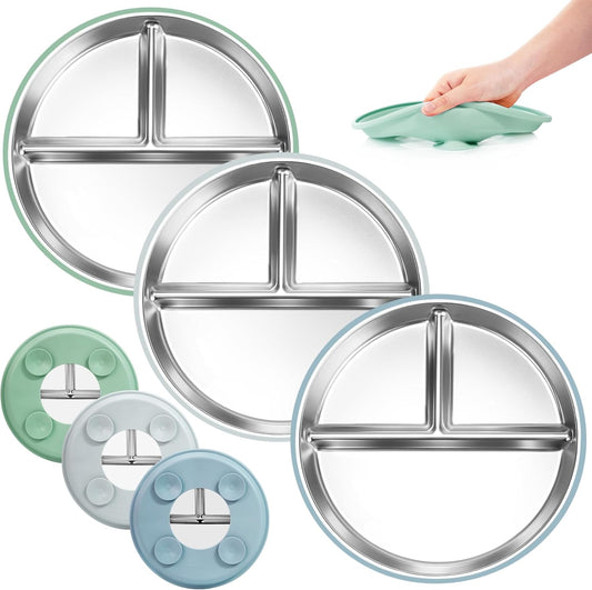 Bella's Friends Stainless Steel Baby Plates with Suction 3 Pack, 9” Divided Toddler Plates with Removable Silicone Sleeves for Mess-Free Feeding, Non-Toxic, Non-Slip, Dishwasher Safe, Green,Blue,Gray