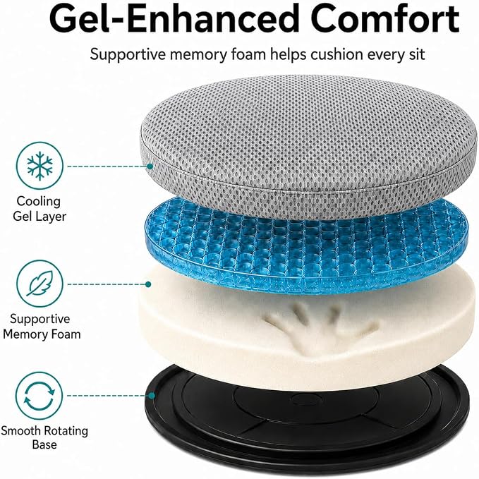 Sojoy iGelComfort Deluxe Gel Swivel Seat Cushion with Supportive Memory Foam 360 Degrees Rotating Seat Cushion for Home,Stool Chair,Office (Gray, 15.5 * 15.5 * 2.5 - Mesh)