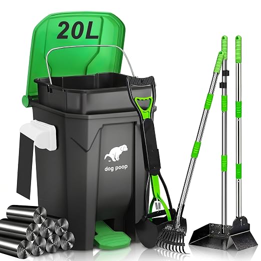 Dog Poop Trash Can Outside - 20L/5Gal Pooper Scooper Sets and Spade, Green | Outdoor Trash Can with Lid, Inner Bucket, Dog Poop Scooper Set, Metal Tray, Rake and Spade, 100 Trash Bags & Storage Box