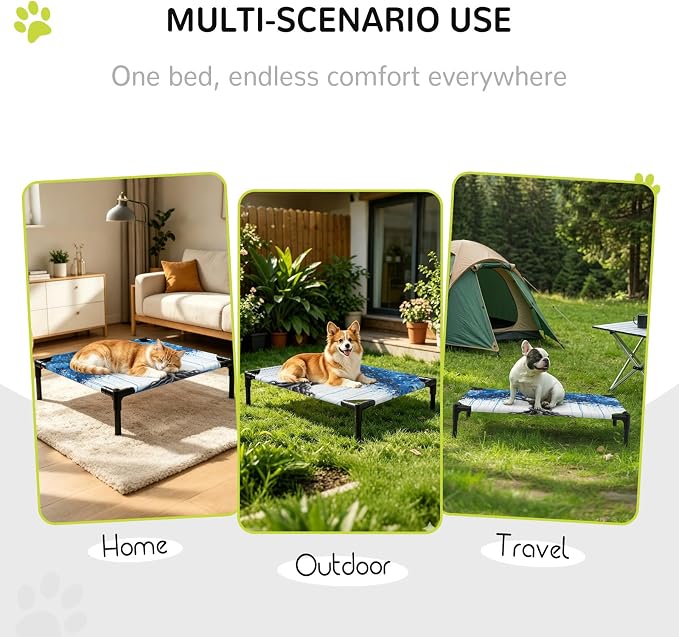 Outdoor Elevated Dog Bed for Large Dogs, Blue Trees Breathable Cooling Raised Dog Cot for Indoor/Outdoor, Boho Nature Branch Leaf Plants Landscape Waterproof Elevated Pet Beds, L 28 x 22 in