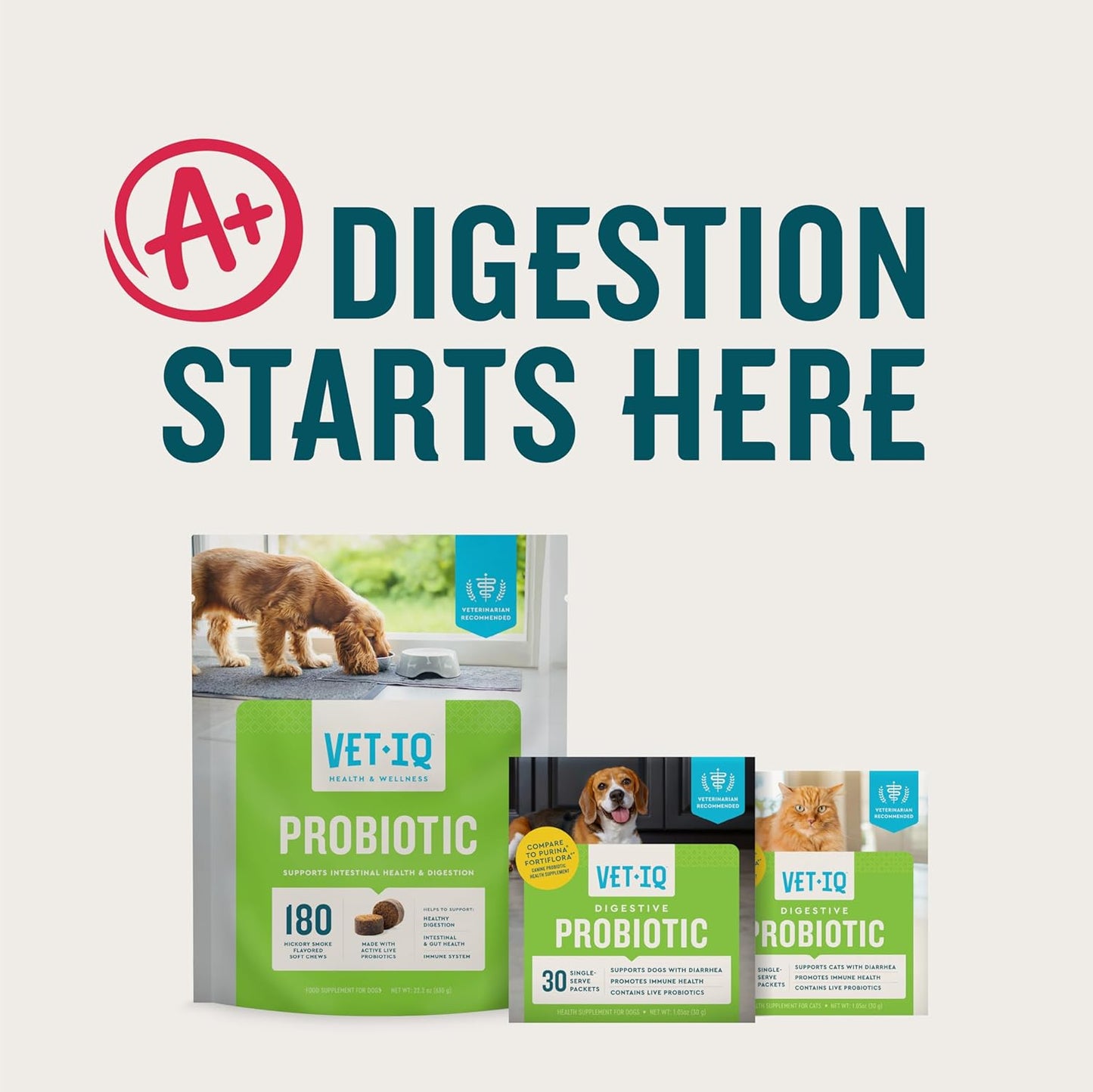 VetIQ Probiotic Powder for Cats, Compare to Fortiflora Probiotic Powder*, Treats Diarrhea and Food Sensitivity, Chicken Flavored Single Serve Packets for Indoor and Outdoor Cats, 30 Count