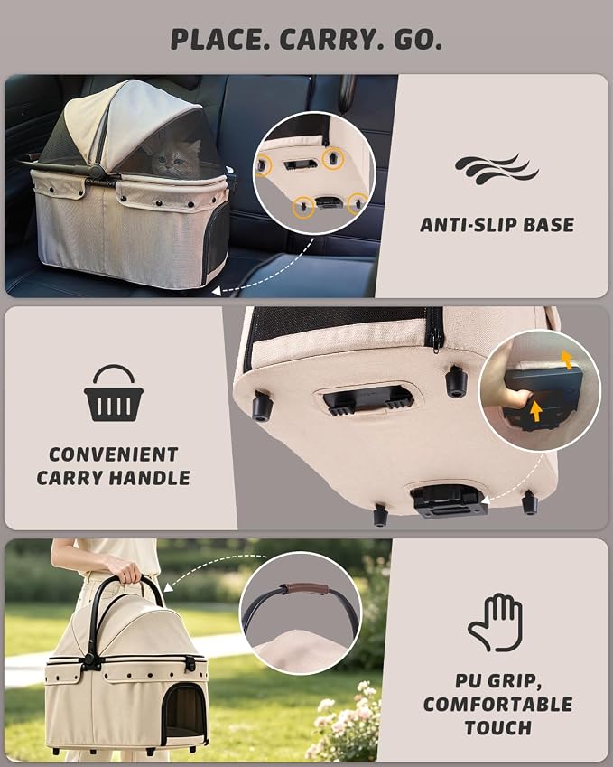 797Audio Dog Cat Stroller for Small Medium Pets,3-in-1 Foldable Pet Stroller with Detachable Carrier,Car Seat,One Click Folding,All-Terrain 4 Wheels,Adjustable Canopy with Sun Shades,Max 121lbs(Beige)