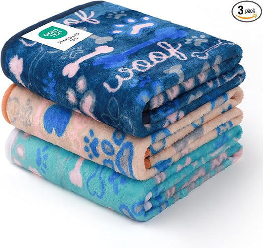 Luciphia 1 Pack 3 Blankets Fluffy Premium Fleece Pet Blanket Flannel Paw Bone Printed Throw for Dog Cat(Medium 30"x20", Khaki/Blue/Navy)