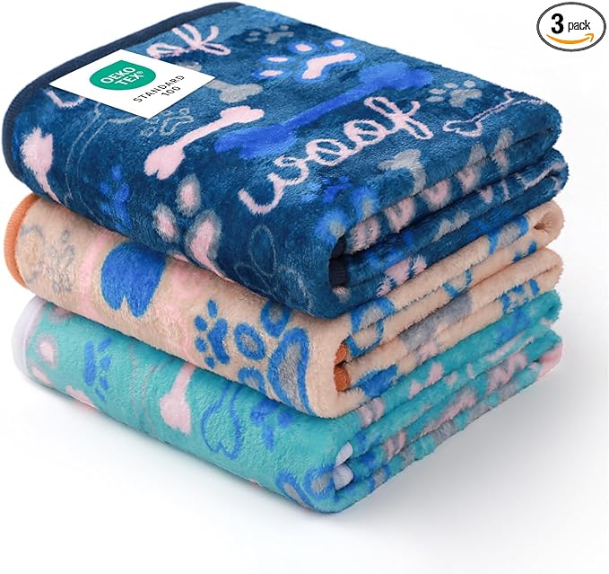 Luciphia 1 Pack 3 Blankets Fluffy Premium Fleece Pet Blanket Flannel Paw Bone Printed Throw for Dog Cat(Large 41"x31", Khaki/Blue/Navy)