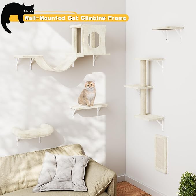 12-in-1 Cat Wall Shelves, Luxury Wall-Mounted Cat Climber Set with Condos House, Scratching Post, Bridge Ladder, Indoor Space-Saving Furniture for Kittens, Beige