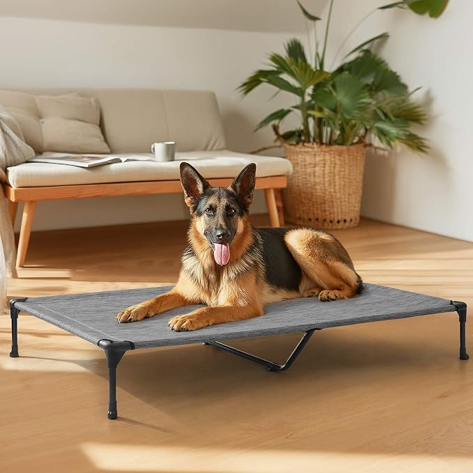 Veehoo Outdoor Elevated Dog Bed Large Sized Dogs, Cooling Raised Dog Cots | Off-ground training platform, portable camping hammock, breathable mesh, easy to clean, no-tool setup, 49"x33", Black Silver