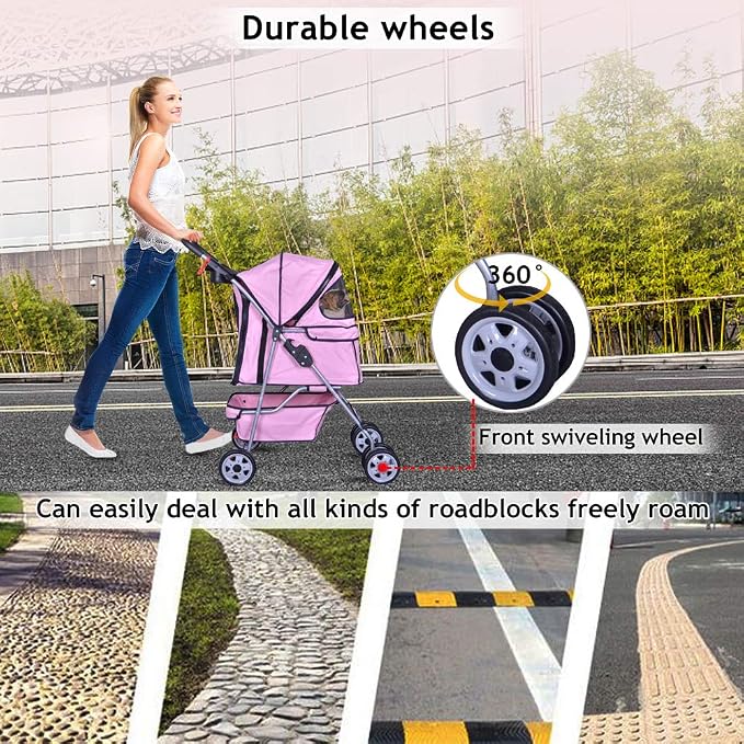 4 Wheels Pet Stroller Cat Dog Cage Stroller Travel Folding Carrier with Cup Holders and Removable Liner for Small-Medium Dog, Cat (Pink)