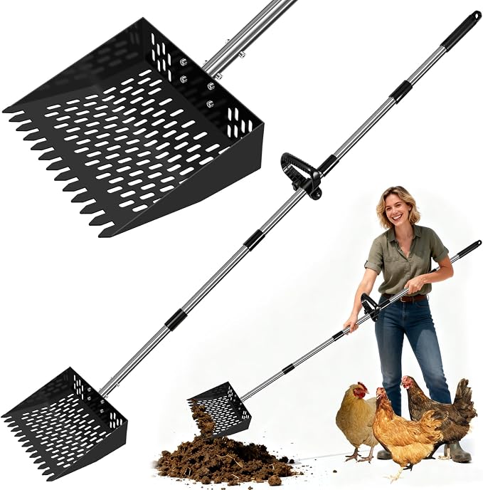 3-in-1 Heavy Duty 10" Wide One Piece Stainless Steel Chicken Pooper Scooper | 23-76" Extra Long Adjustable Handle No Bend Back Pain Relief, Pooper Scooper for Large Dogs, Shovel for Farm, Sand, Garden