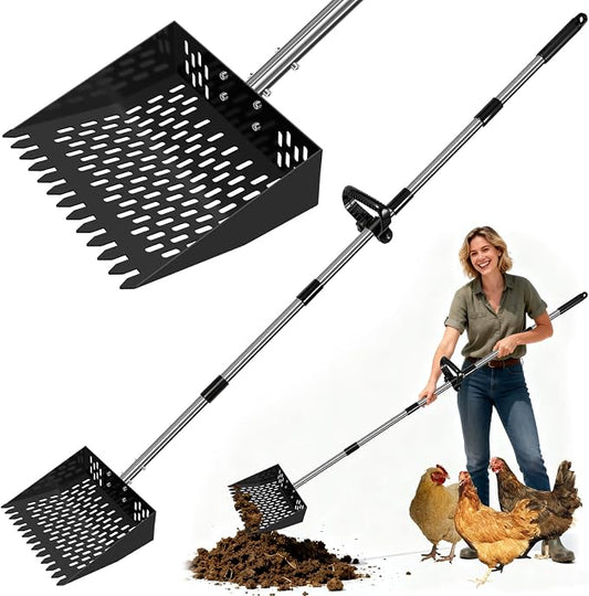 3-in-1 Heavy Duty 10" Wide One Piece Stainless Steel Chicken Pooper Scooper | 23-76" Extra Long Adjustable Handle No Bend Back Pain Relief, Pooper Scooper for Large Dogs, Shovel for Farm, Sand, Garden