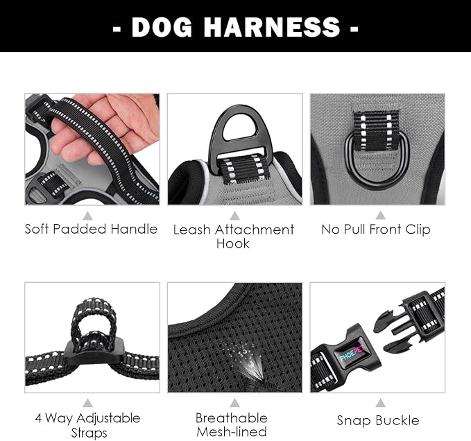 No Pull Dog Harness Medium Reflective Front Clip Vest with Handle,Adjustable 2 Metal Rings 3 Buckles,[Easy to Put on & Take Off](S, Grey) | Adjustable 2 Metal Rings 3 Buckles,[Easy to Put on & Take Off](S, Grey)