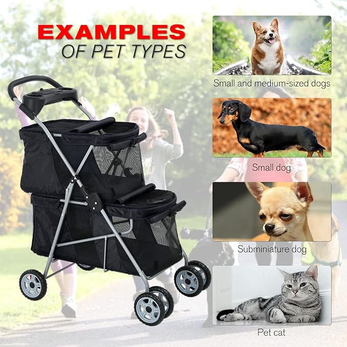 HCY Double Pet Stroller for Cats & Dogs - 4 Wheels, Lightweight, Waterproof for Travel & City Walk (Black)