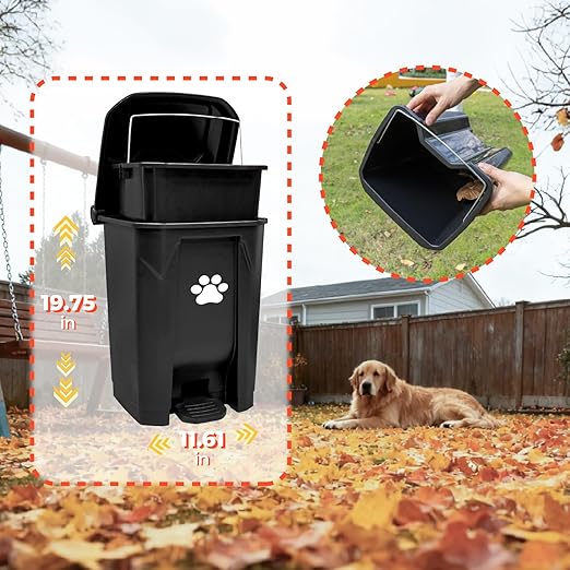 30L Dog Poop Trash Can Outside, Dog Waste Container with Pooper Scooper | Foot-pedal lid, removable inner bucket, metal rake, shovel & dustpan, bone bag dispenser with 5 waste bag rolls for yard.