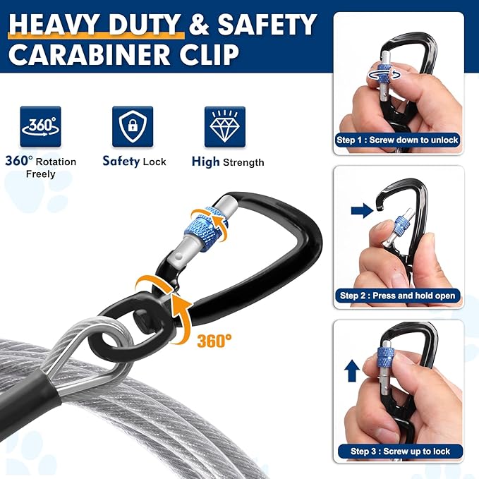 Snagle Paw Dog Tie Out Cable 15FT,Heavy Duty Dog Leads for Yard with Shock Absorbing Spring & Swivel Hook,Leash Cable for Outdoor Camping,Dog Line for Small Large Dogs,withstand 1000LBS Break Strength