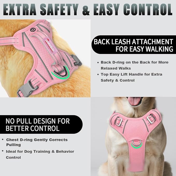 BARKBAY No Pull Dog Harness Large Reflective Dog Harness with Front Clip and Easy Control Handle for Walking Training Running with ID tag Pocket(Baby Pink,L)