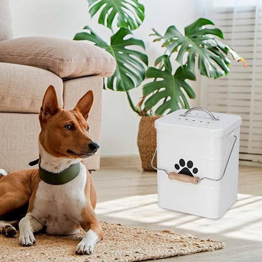 Small Dog Poop Trash Can Outside,1.5Gal/6L Metal Dog Waste Trash Can with Lid/Filter/Handle,Pet Waste Container Bucket with 75 Trash Bags-White