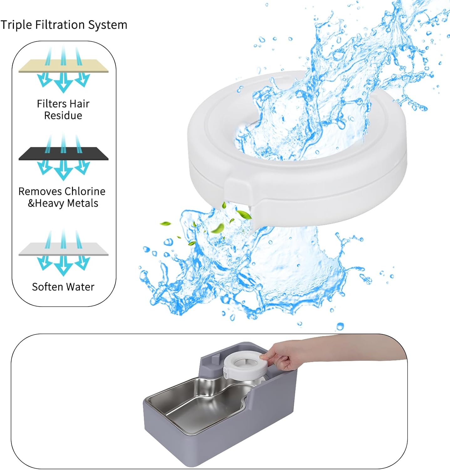 Automatic Pet Water Dispenser: 8L Light Gray Gravity Feeder with Stainless Steel Bowl - BPA-Free for Dogs Cats - No Spill Design