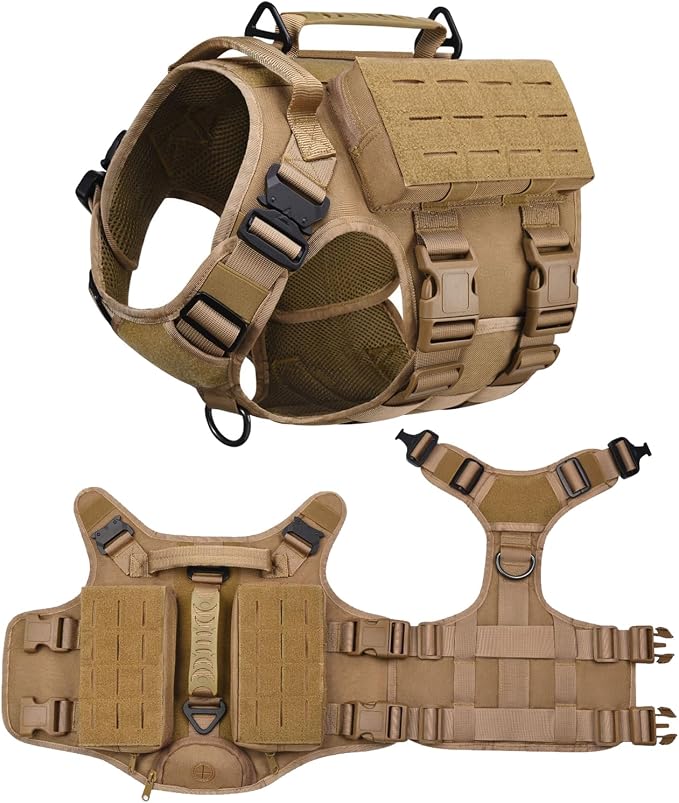 AIWAI Tactical Dog Harness with Handle for Large Dogs,2X Metal Buckle, Dog MOLLE Vest with Pockets,No Pull Adjustable Pet Harness, Easy Control Dog Vest Harness for Working Training (Khaki, Medium)