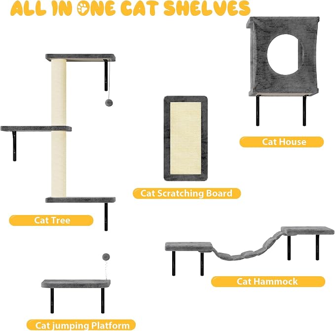 NUNU LAB Cat Wall Shelves, 10-in-1 Wall-Mounted Cat Furniture Set, Large Cat Climber Set with House, Bridge, Steps, Scratcher, DIY Playground, Shelves for Indoor Wall Furniture Set - Grey