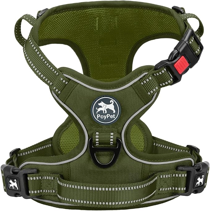 PoyPet No Pull Dog Harness, Reflective Vest with 2 Leash Clips & Handle | Lockable Neck Release Buckle, No Choke, Adjustable, Soft Padded, for Walking Training, Military Green, Medium