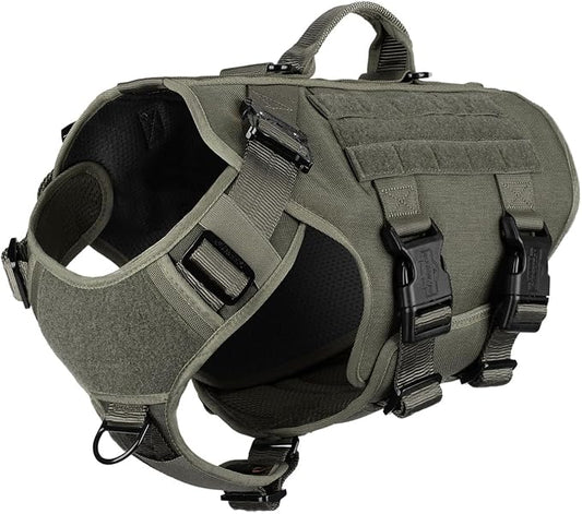 ICEFANG No Pull Tactical Dog Harness for Large Dogs,Adjustable Dog Vest | Control Handle,MOLLE Panel,Front Hook,3 Leash Clips,Soft Padded,for walking training,Green,Large