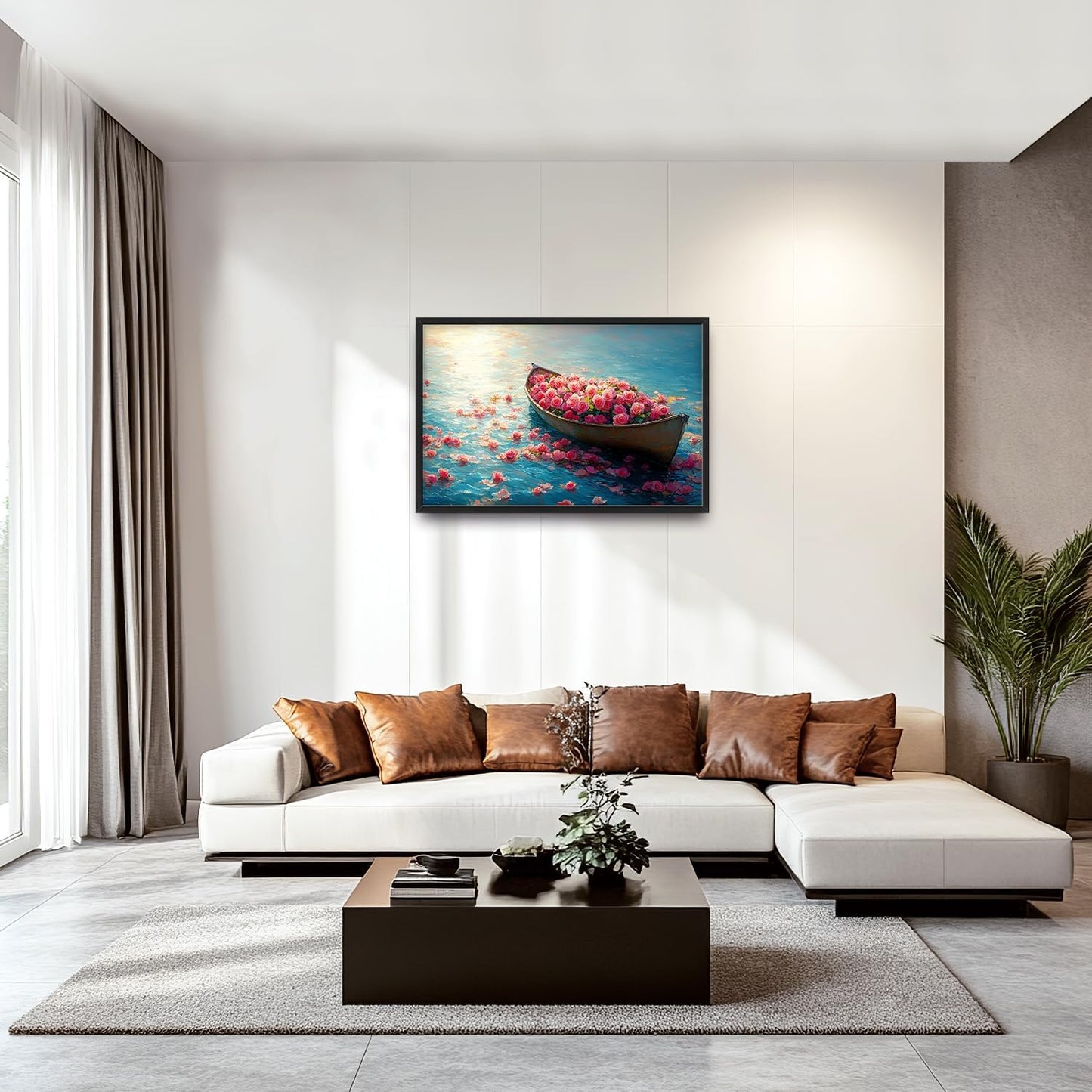 Large Lake Floral Landscape Wall Art for Living Room, Nature Boat Flower Canvas Oversized Wall Decor, Rose Scenery Framed Pictures Painting Print Artwork for Bedroom Office 36L" x 24W"