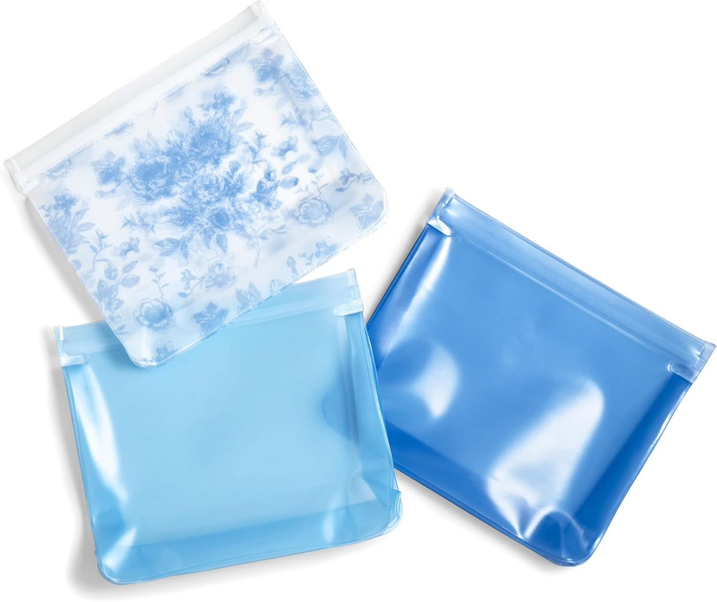 Fit & Fresh Reusable PEVA Storage Bags 3 Pack, Reusable Food Storage Bags, LeakProof, Durable, Sandwich Bags, Freezer Safe, Hand Wash, Easy to Clean, Eco-Friendly, Blue Floral Toile