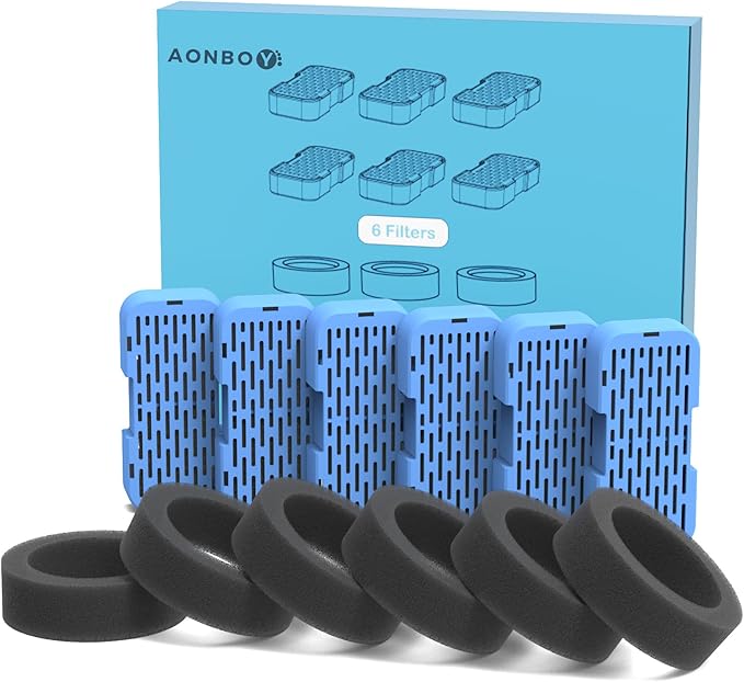 AONBOY Cat Fountain Filters Replacement: 6 Filters + 6 Cat Fountain Sponge, Suitable for AONBOY Pet Fountain S3-SC, Multiple Filtration, Isolates Floating Hairs and gets rid of Odors