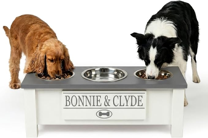 3 Bowl Dog Feeding Station, Personalized Triple Bowl Food Stand Medium Dogs | Farmhouse Style, Elevated Wood Stand, Storage Container, Stainless Steel Bowls, Raised Anti-Slip Feeder, Made in USA