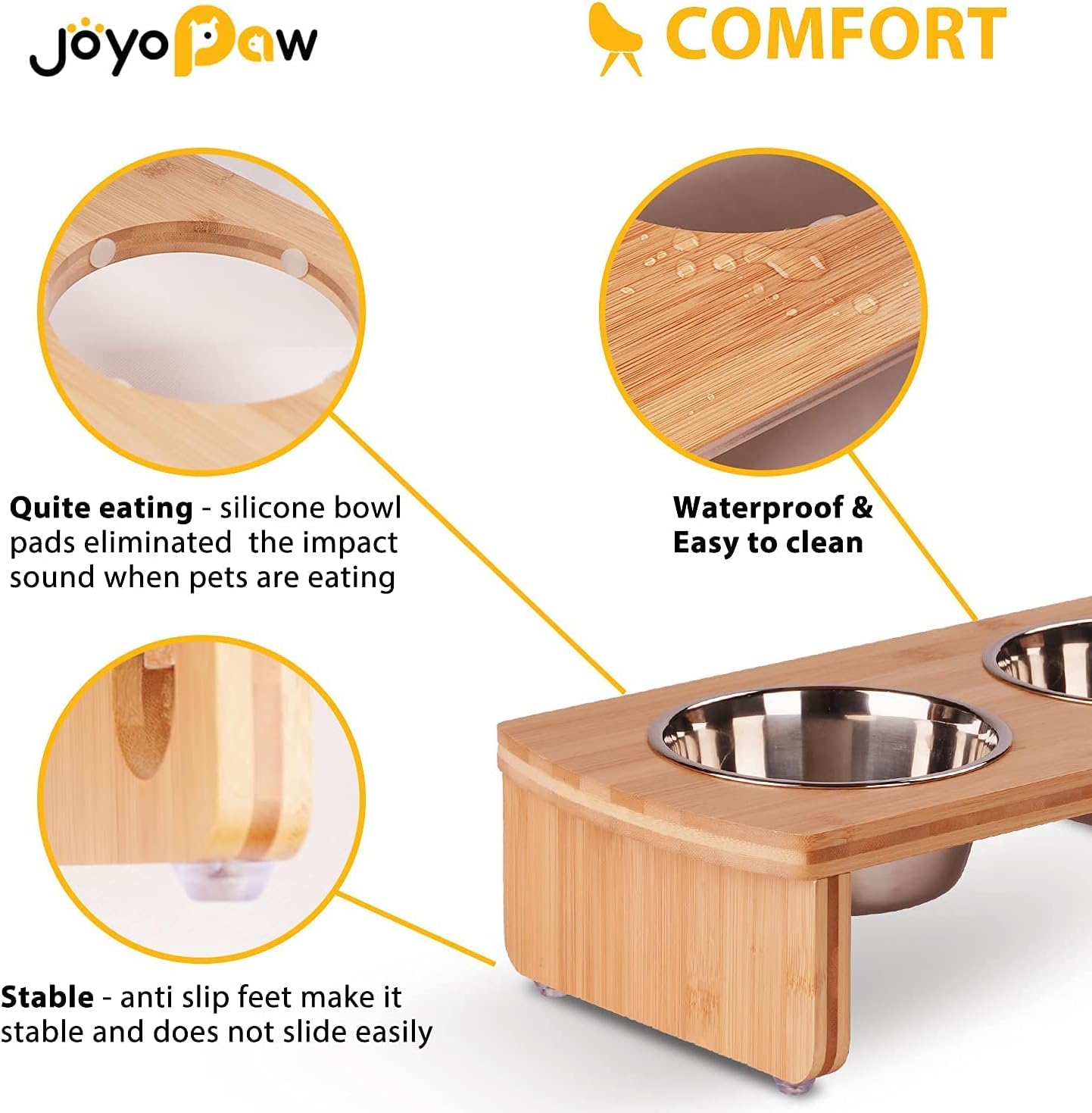 Elevated Dog Bowls, Bamboo Raised Dog Bowl for Small Dogs & Cats, with 2 Stainless Steel Bowls (4'' Tall-20oz Bowl, Natural)