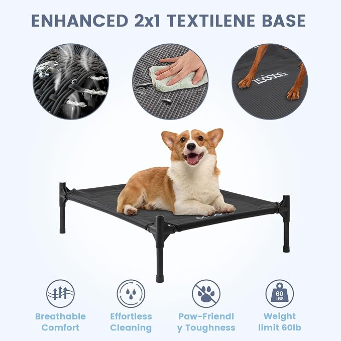 Zooba 29in Medium Dog House Outdoor, Elevated Dog Bed with Canopy, Green | Weather-resistant 600D PVC canopy, breathable 2x1 Textilene elevated bed, steel frame; indoor or outdoor; easy to clean