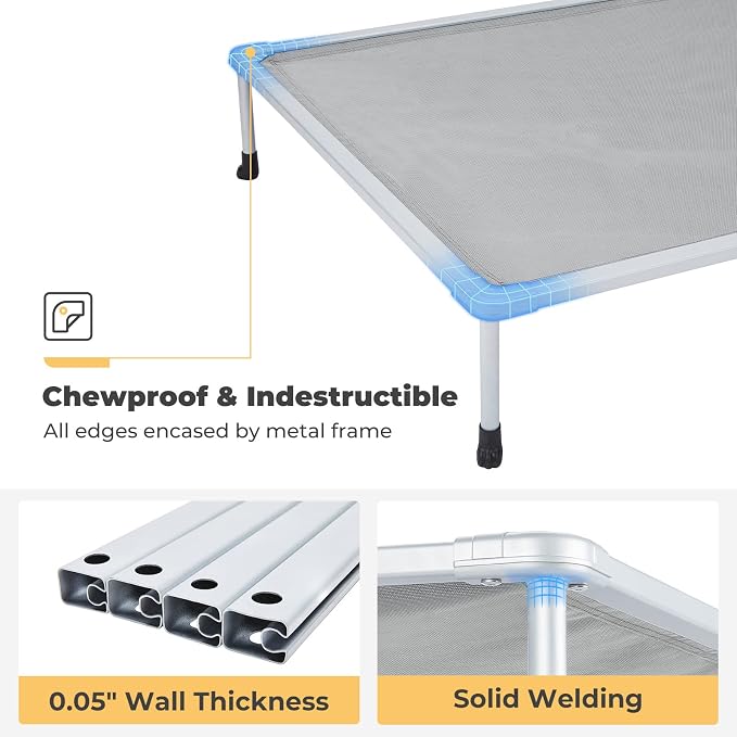 Veehoo Chewproof Elevated Dog Bed - Cooling Raised Pet Cot, Breathable Mesh, Washable & Non-Slip for Large Dogs, Indoor/Outdoor, Grey Mat and Metal Frame, 49x33inches (Model CWC2203B03)