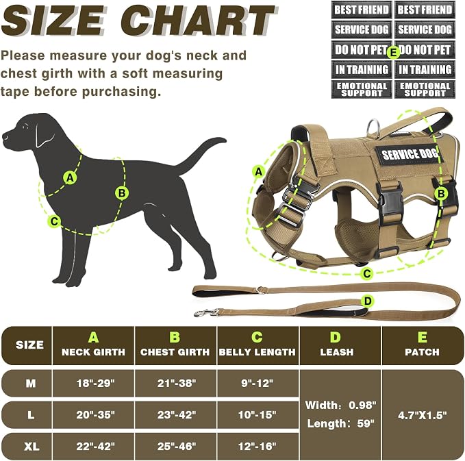 Tactical Dog Harness and Leash Set with Metal Buckles+10 Patches | Heavy Duty Service Dog Vest ,Adjustable Harness for Medium Sized Dogs,No Pull Front Back Clips,for Training Hiking,Brown M