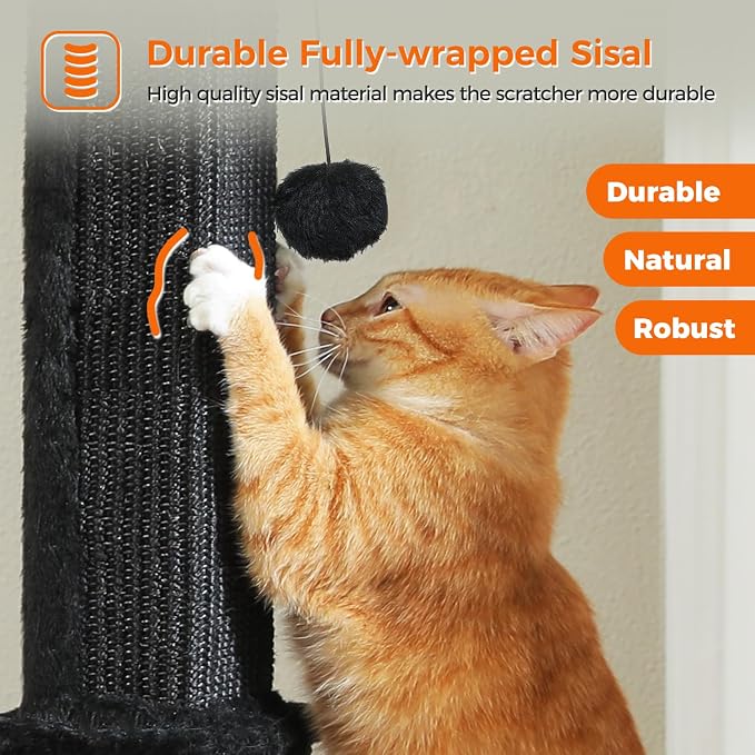 PAWZ Road Large Cat Scratching Post 32” Tall Black Scratching Post for Indoor Cats Adults Ultimate Scratch Post with Woven Sisal, Large Base and Removable Dangling Ball- Black | Heavy Duty Cat Post with 16x16”Large Base Covered Sturdy Woven Sisal Scrat...