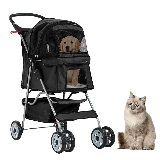 Pet Stroller for Small Medium Dogs & Cats, 4-Wheel Breathable Compact Foldable Dog Carrier with Storage Basket, Outdoor Portable Lightweight Travel Stroller for Camping,Black