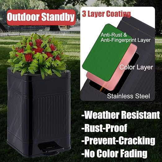 Metal Dog Poop Trash Can Outside - Small Outdoor Garbage Can with Pedal | Stainless Steel Dog Waste Container with Lid - Decorative Trash Bin (Faux Plant) - Hidden Trash Bucket - Black & Flower