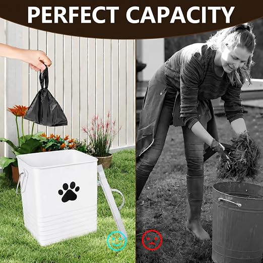 1.85Gal/7L Small Outdoor Trash Can with Lid, Metal Dog Poop Trash Can Outside, Dog Waste Container Bucket Handle(75 Trash Bags Included)-White