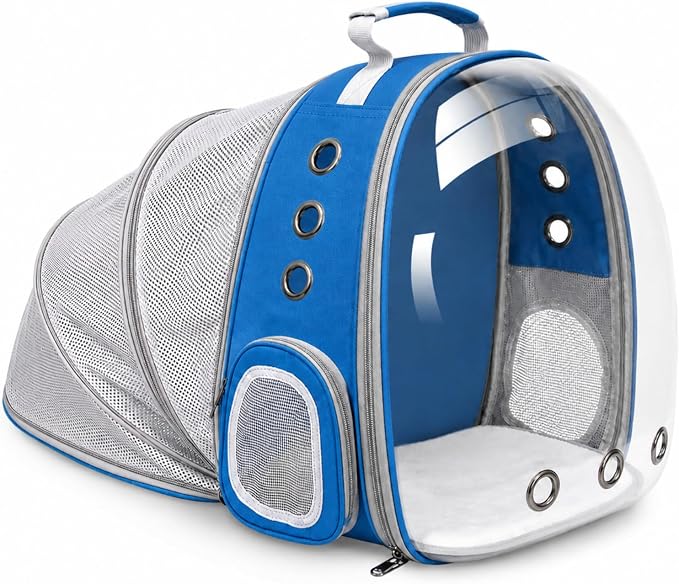 Expandable Cat Carrier Backpack for Cats & Dogs, Bubble Window Pet Travel Backpack with Breathable Mesh, Anti-Collapse Structure, Side Door, Safety Leash, for Vet Visits, Hiking, Outdoor, Blue