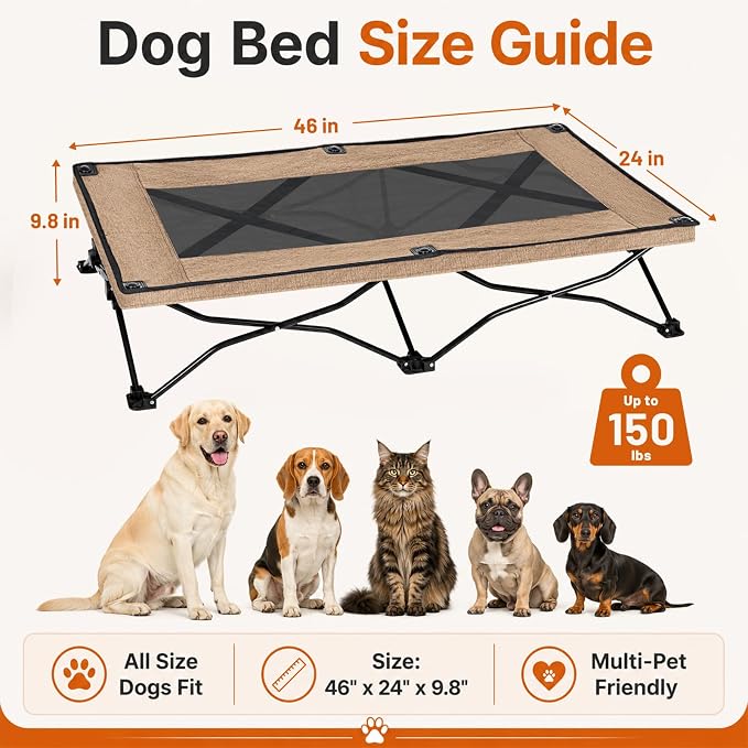 Foldable Elevated Dog Bed for Large Dogs, No-Assembly Raised Dog Cot, Portable Outdoor Cooling Bed with Breathable Teslin Mesh, Anti-Slip Feet, Sturdy Frame Supports 150 lbs, Indoor, Camping