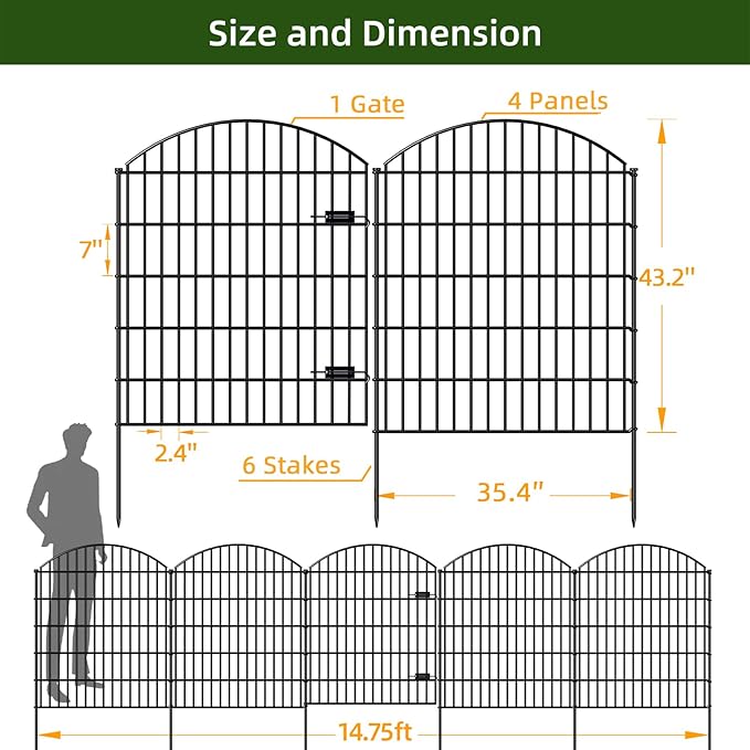 FOREHOGAR Metal Garden Gate and Fences Outdoor ECG1191, 1 Gate + 4 Fence Panels,43.2in Tall and Total Length 14.75ft, Heavy Duty Fencing for The Yard Privacy Temporary Animal Barrier for Dog, Black